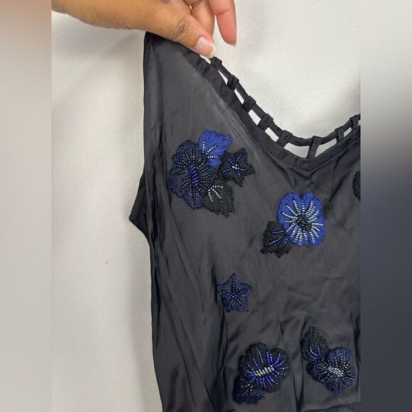 Poupette St Barth Black Satin Embroidered Floral Side Slit Maxi Resort Dress - Picture 4 of 10